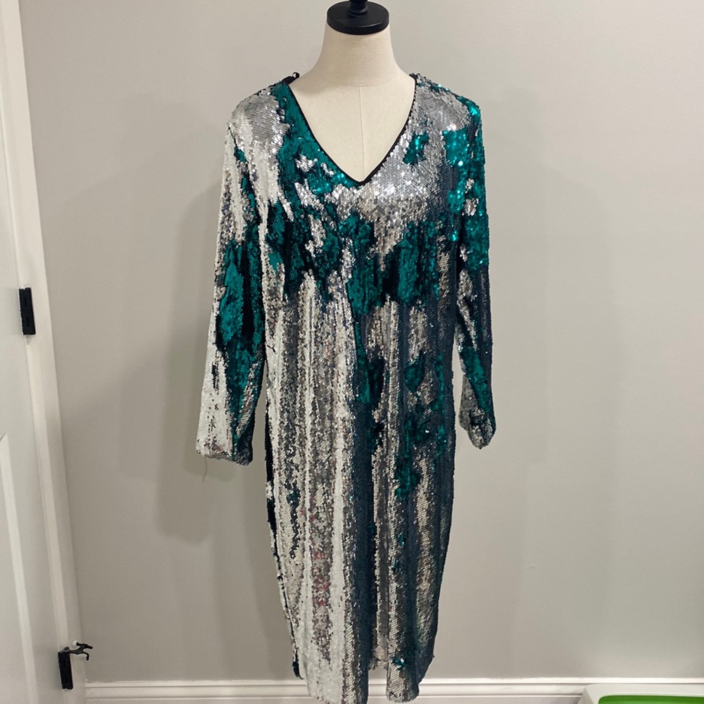Eloquii Silver and Teal Sequin V-Neck Dress